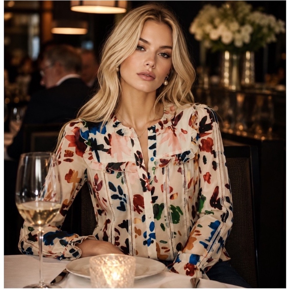 Alice + Olivia Malinda Devore Ruffled Blouse Floral Burnout Silk Blend XS